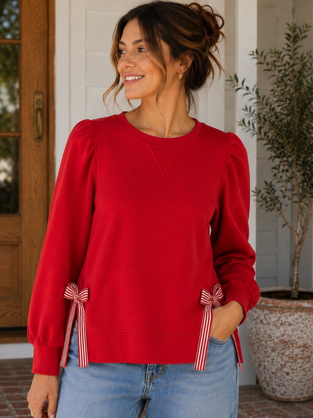 Crown & Ivy Red Bow Side Slit Puff Sleeve Sweatshirt Top M